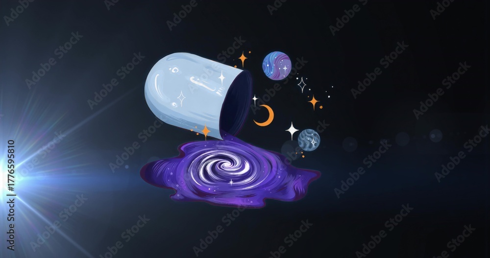 Naklejka premium Tipping white pill capsule releasing swirling purple fluid in void with planets and moon icon
