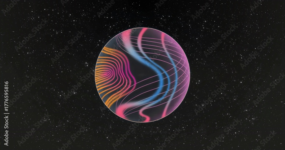 Fototapeta premium Floating colorful abstract orb hovering in star-speckled outer space, with neon wavy bands