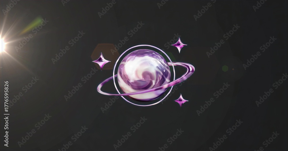 Naklejka premium Showing purple-white planet spinning in space, with violet ring, purple sparkles and lens flare