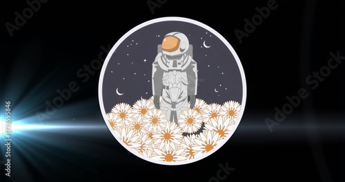 Standing astronaut wearing white spacesuit amid daisies in cosmic graphic, with blue lens flare