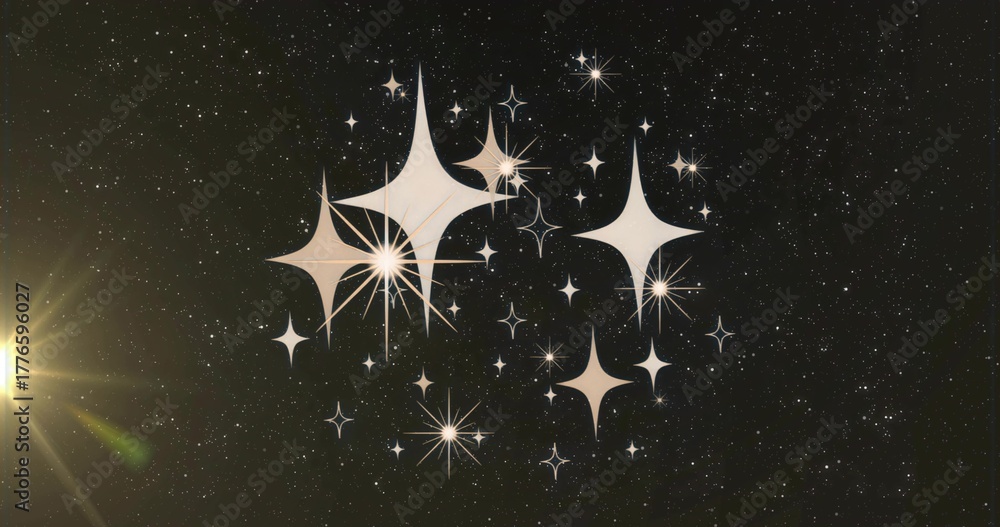 Fototapeta premium Shining stylized starbursts hovering in outer space among scattered stars, with bright lens flare