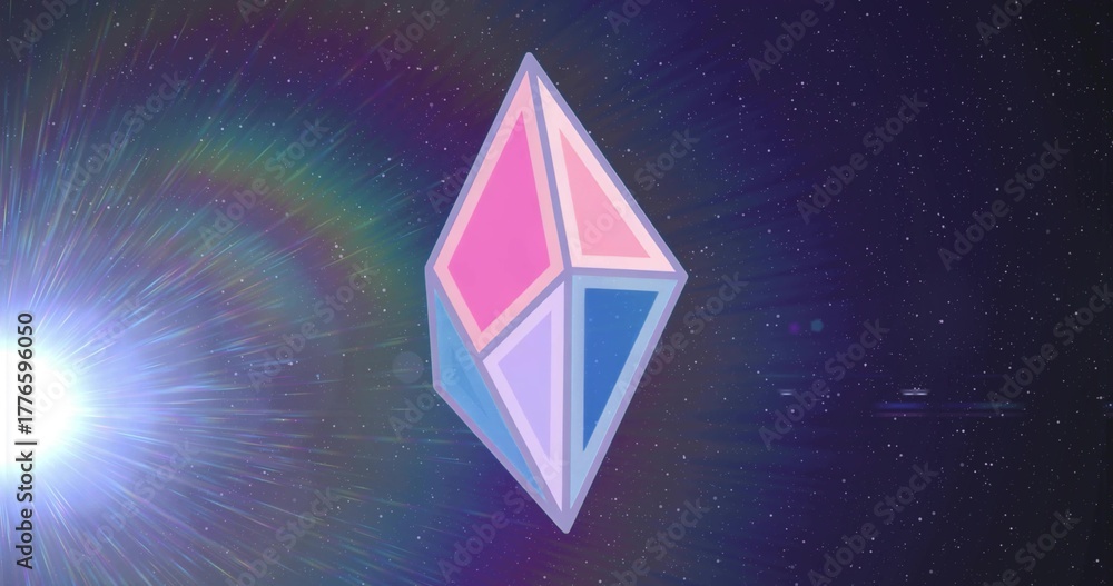 Fototapeta premium Gliding pastel octahedral crystal drifting through cosmic star field, with lens flare and stars