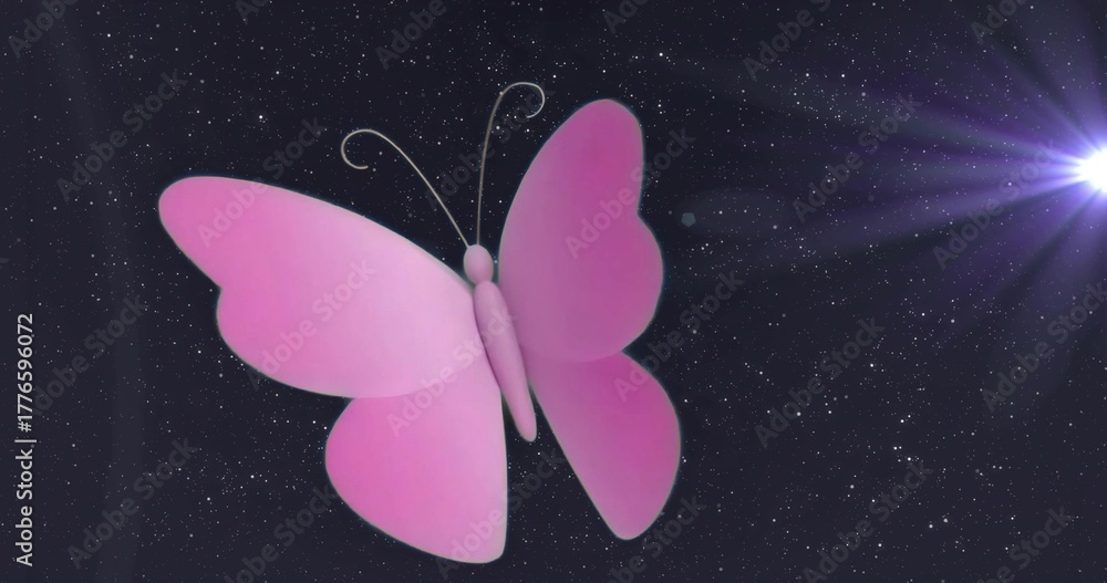 Fototapeta premium Floating stylized 3D pink butterfly gliding across cosmic space, with bright star flare, tiny stars