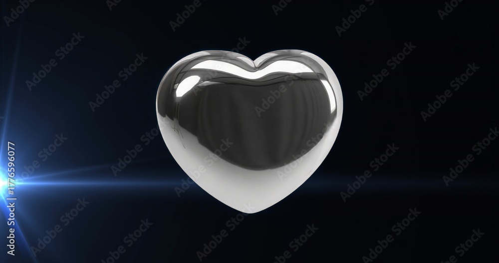 Fototapeta premium Floating metallic heart sculpture hovering in studio, with blue lens flare and light streaks
