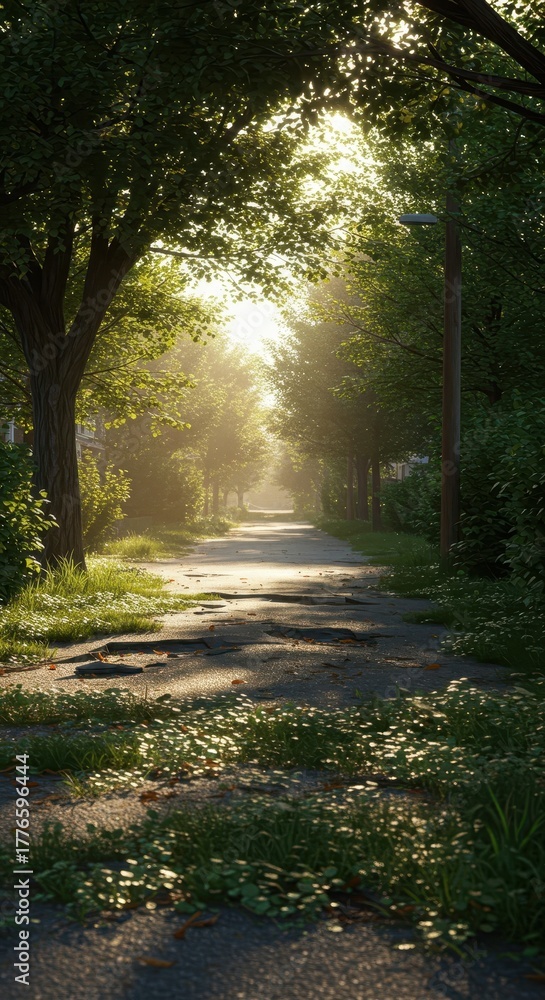 Fototapeta premium Sunlight streams down a tree-lined pathway leading into a bright, hazy distance.