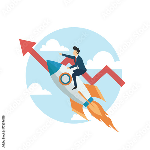 Businessman Riding Rocket Towards Financial Growth and Success Concept Vector Illustration
