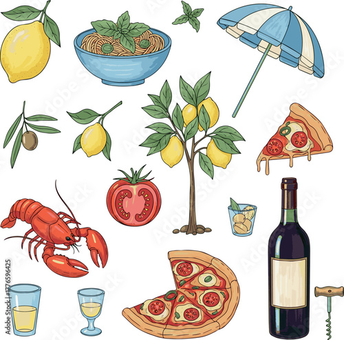 Isolated a Italian summer vacation. Hand drawn Italy food set. Mediterranean lunch and dinner icons. Lemons, pasta, lemon tree, tomato, pizza, lobster, wine. Dolce vita amalfi style. vector art.