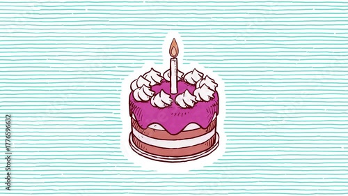 Birthday cake turning on teal lines background, hand drawn, loopable 2d animation