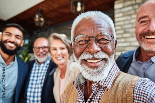 Diverse Group of Smiling Seniors Enjoying Retirement in Urban Setting.