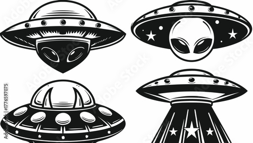 Four distinct retro alien flying saucers with iconic extraterrestrial heads create an otherworldly vintage design