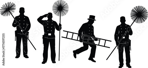 Silhouette vector illustration of chimney sweeps with brushes, ladders, traditional uniforms, cleaning chimneys, safety, maintenance, repair, heritage, profession, and industry