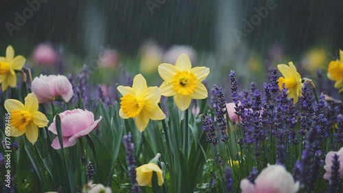 Bright flowers bloom in a spring garden during light rain