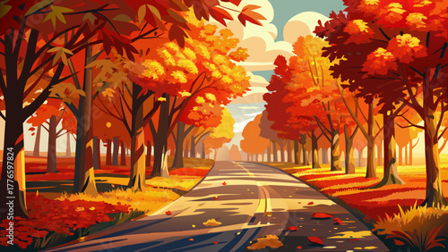 Very beautiful autumn scene of a country lane lined with trees displaying vibrant red foliage, illuminated by warm sunlight, capturing the essence of a crisp and colorful fall day.