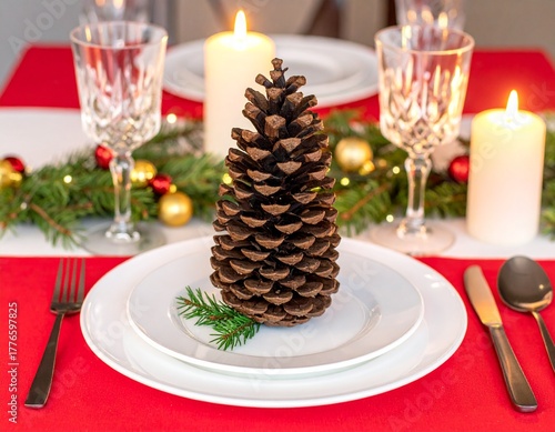 Choinka z naturalnych szyszek z czerwonymi dodatkami, dekoracja stołu świątecznego. Boże Narodzenie. 