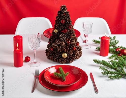 Choinka z naturalnych szyszek z czerwonymi dodatkami, dekoracja stołu świątecznego. Boże Narodzenie. 