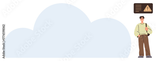 Person in casual attire with a bag, standing beside cloud-shaped background and warning signboard. Ideal for cloud technology, risk management, alerts, data security, caution, communication, simple
