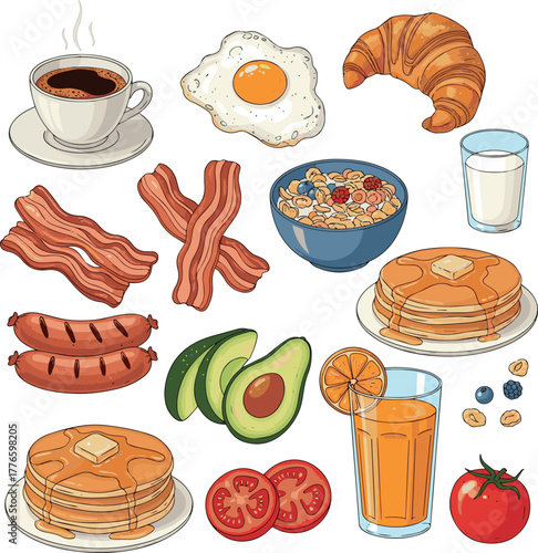 Isolated a Hand drawn breakfast with coffee, fried egg, croissant, milk, cereal, bacons, sausages, citrus juice, avocado, tomato, pancakes. Healthy tasty food and drinks. vector art..