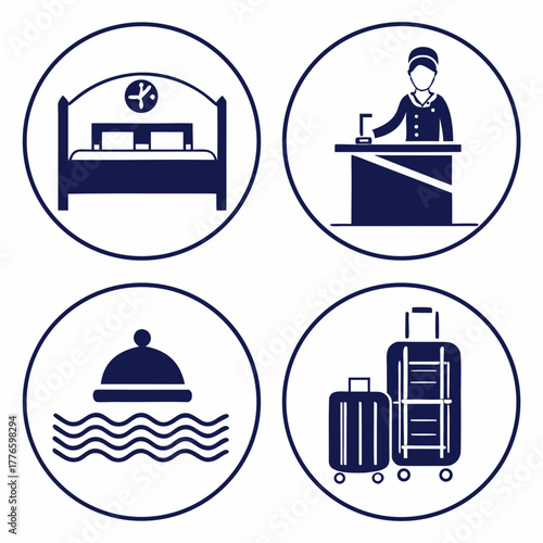Hotel and travel vector icons depicting hotel room, reception, room service, and luggage