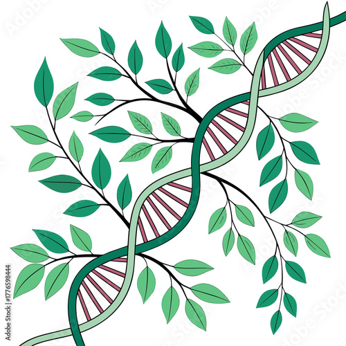 Dna strand with leaves, representing genetic engineering and the connection between nature and science