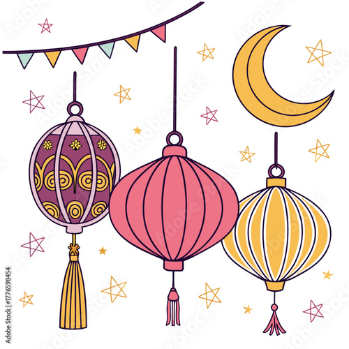 Festive mid autumn festival illustration with lanterns, moon and stars