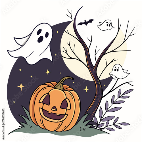 Halloween pumpkin with ghost and bat, holiday vector illustration, spooky night