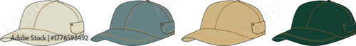 Four baseball caps in various neutral colors arranged in a row
