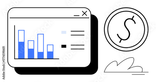 Bar chart interface with blue columns indicating financial data next to a dollar coin and abstract shapes. Ideal for business, analytics, economy, finance, investments, strategy, success. Simple flat