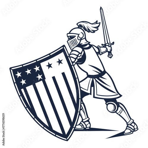 Illustration of a knight with a shield and sword, ready for battle