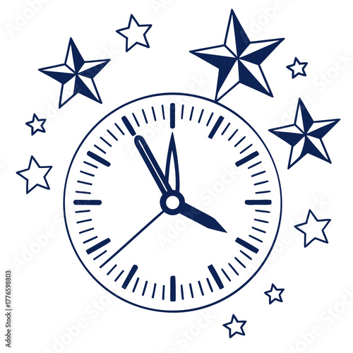 Illustration of clock with stars around it, representing time passing