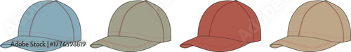 Four distinct illustrated baseball caps in varying colors blue, beige, red, and brown, ideal for casual fashion, sportswear, and accessory design concepts