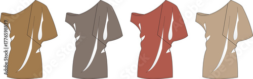 Four examples of ancient Greek attire in varying earth tones, showcasing draped fabric and one-shoulder designs