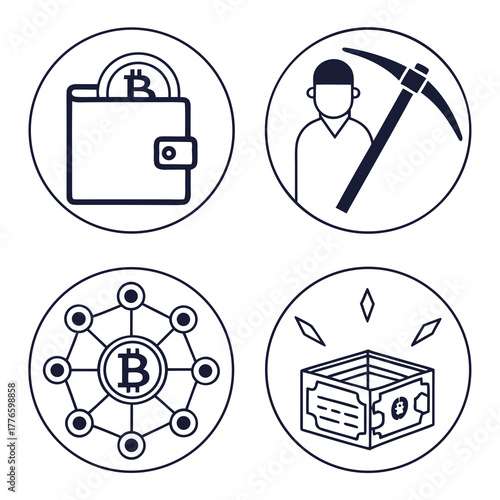 Collection of cryptocurrency icons featuring bitcoin wallet mining and blockchain