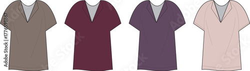 A quartet of trendy T-shirts showcasing a variety of colors and necklines for fashion design and apparel ideas