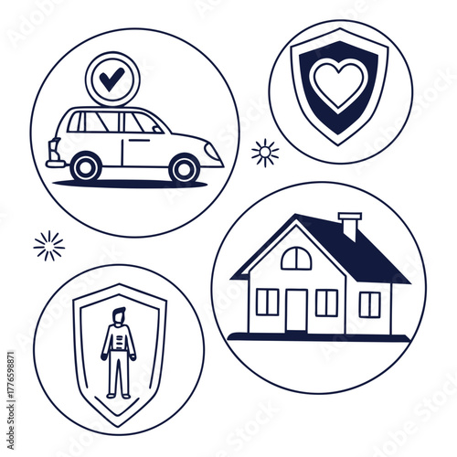 Illustration of insurance types including car, health, life, and house