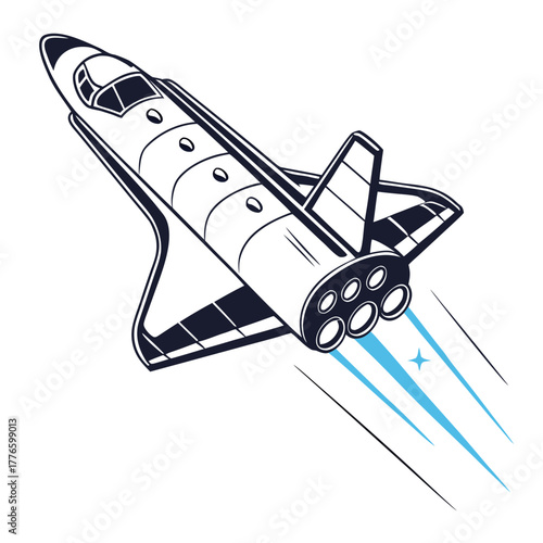 Illustration of a space shuttle flying in space with blue trails