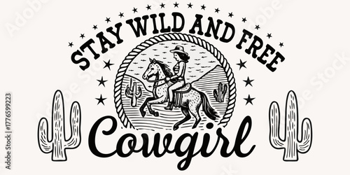 Stay wild and free cowgirl riding horse with cacti and mountains western design