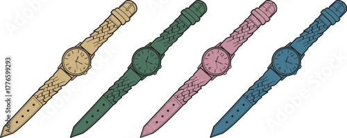 Four colorful wristwatches displayed diagonally on a white background, showcasing unique band designs and timekeeping functionality