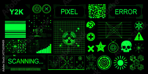 Futuristic neon green digital interface elements and icons on a black background