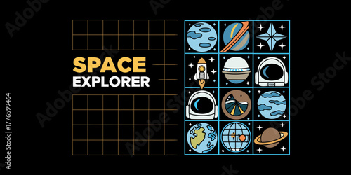 Space explorer text and icons featuring planets rocket astronaut helmet and stars on black background