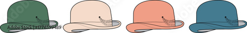 A collection of colorful baseball caps shown in a row. Vector illustration of headwear fashion accessories isolated on a white background