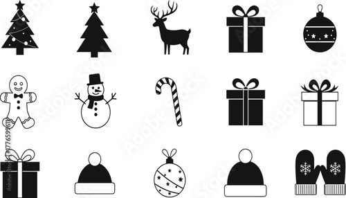 Black and white Christmas icons, festive holiday vector set, snowman tree reindeer gift gingerbread candy cane ornament hat mittens design