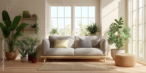 Bright modern living room with large windows, indoor plants, neutral-toned sofa, textured cushions, and soft natural light. Cozy and minimalist interior with greenery and calm atmosphere.
