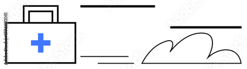 First aid kit with a blue cross, minimal cloud lines. Ideal for health, emergency, medical care, safety, wellness, preparedness healthcare. Clean simple flat metaphor