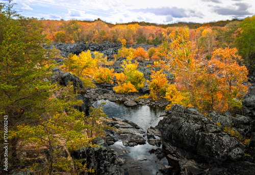 Low water in a channel of the potomac river at great falls surrounded by trees blazing with the colors of autumn
