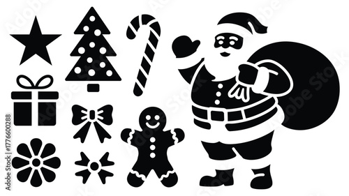 christmas silhouette icon set — festive black vector symbols including santa with sack, tree, gift, candy cane, snowflake, gingerbread