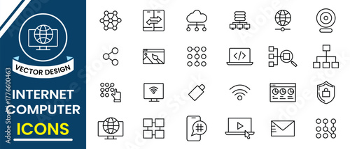 Internet computer icon set. Network diagram, router, switch, internet service computer, network, website, server, web design, hardware, software and programming. Vector illustration.