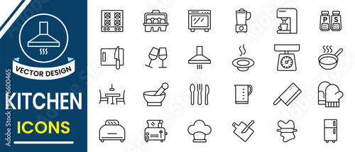 Kitchen and cooking outline icons set. Utensil, Food, fork, glass, pepper salt, chimney, dish, blender, spices, spoon, knife and utensils. knife. Vector illustration.