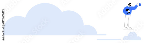 Person balances on cloud, holding small globe, symbolizing global thinking, creativity, and innovation. Ideal for technology, leadership, aspiration, sustainability exploration connectedness