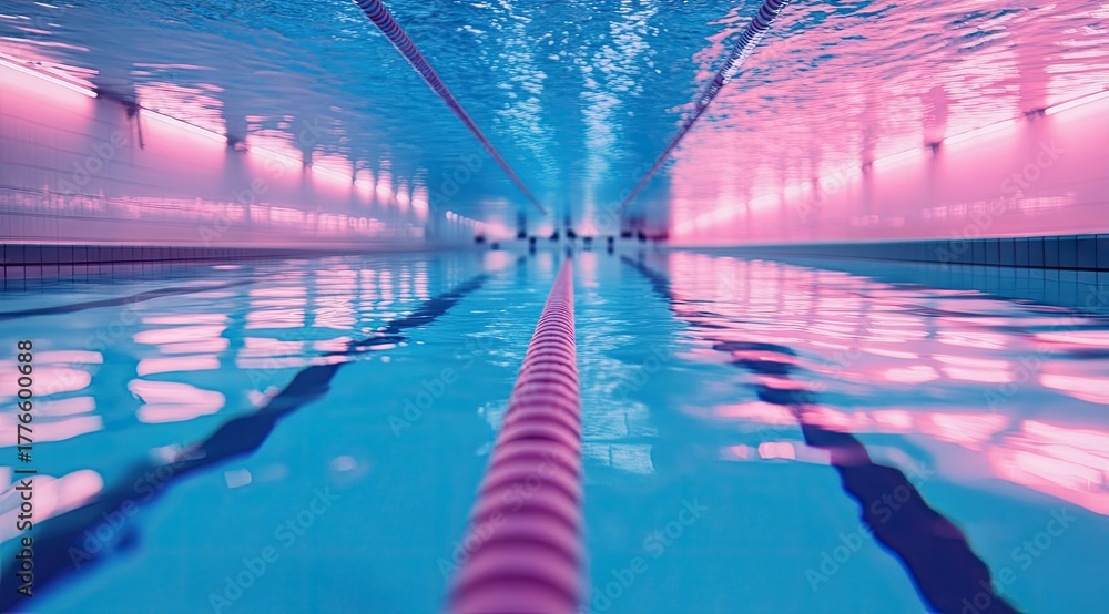 Fototapeta premium Underwater view of a swimming pool lane, vibrant pink and blue lights