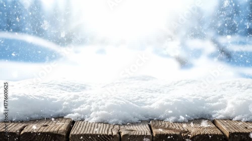 Wallpaper Mural Closeup of snowcovered wooden planks with falling snowflakes and bright winter sky Torontodigital.ca